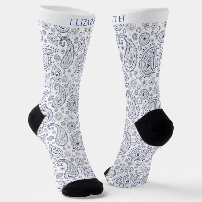 Custom White Dark Navy Blue Paisley Pattern Socks (Angled)