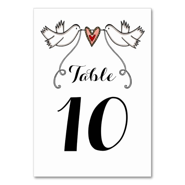 Custom White Doves Love Heart Wedding Table Number (Front)