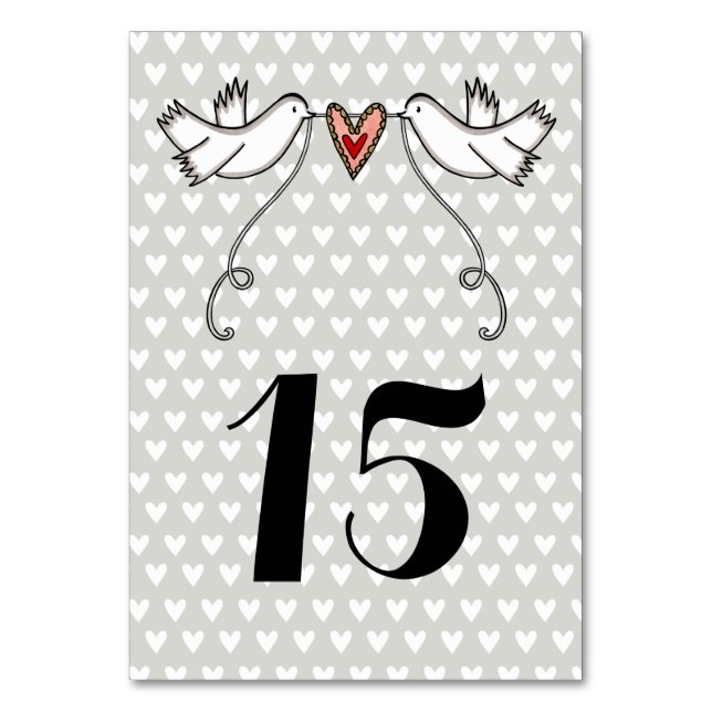 Custom White Doves Love Heart Wedding Table Number (Front)