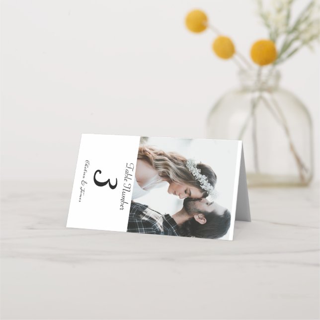 Custom White Elegant Calligraphy Photo Wedding  Place Card (Front)