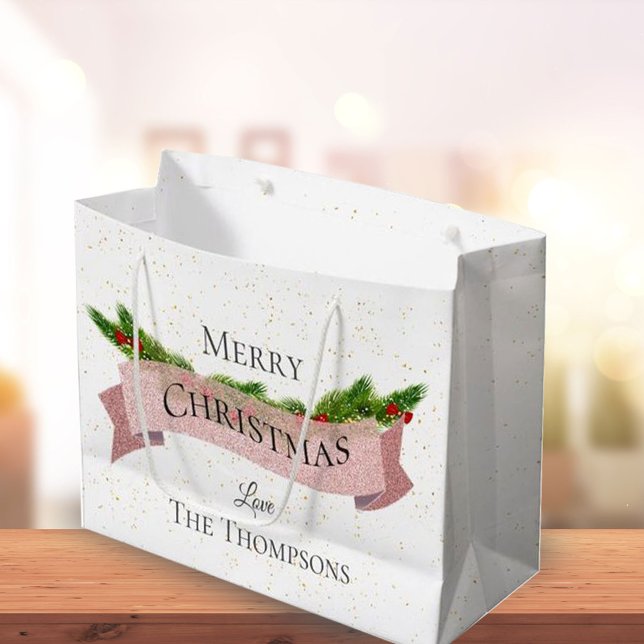 Custom White & Faux Pink Glitter Merry Christmas Large Gift Bag (Creator Uploaded)