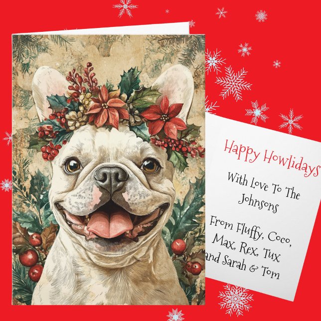 Custom White French Bulldog Christmas Floral Crown Holiday Card (Creator Uploaded)