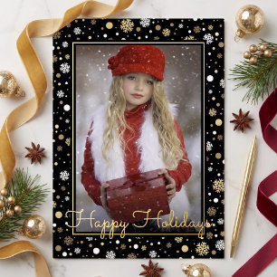 Custom White Gold Snowflakes On Black Holiday Card