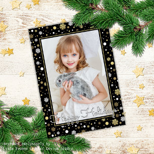 Custom White Gold Snowflakes On Black Holiday Card