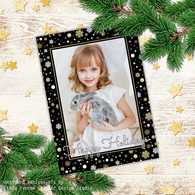 Custom White Gold Snowflakes On Black Holiday Card (Creator Uploaded)