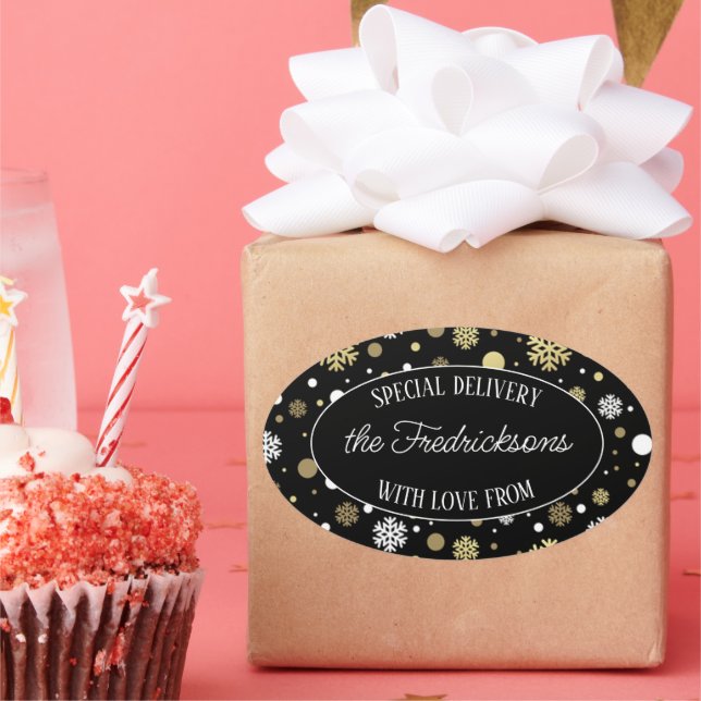 Custom White Gold Snowflakes Polkadots On Black Oval Sticker (Party)