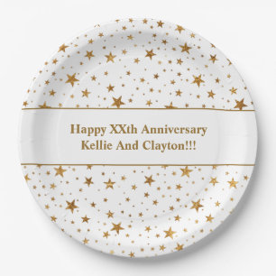 Custom White/Gold Stars With Message Anniversary Paper Plate