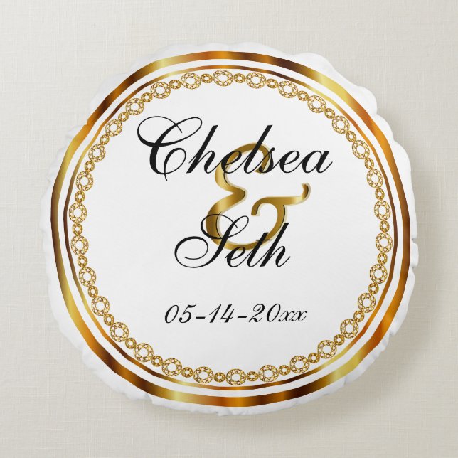 Custom White & Gold Wedding Round Cushion (Front)