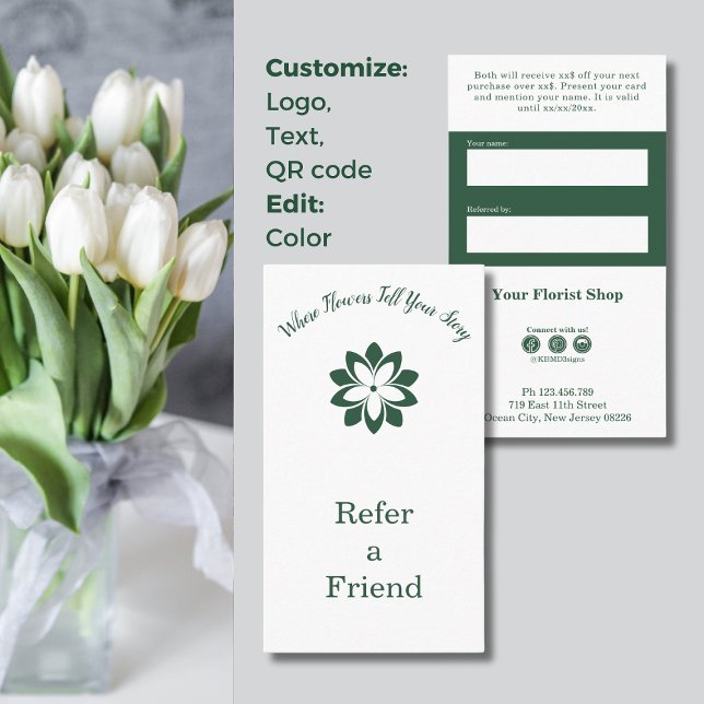 🌸Custom White & Green Florist Refer a Friend Card (🌸Custom White & Green Florist Refer a Friend Card, Tagline, Custom Logo, Conditions, Social Icons)