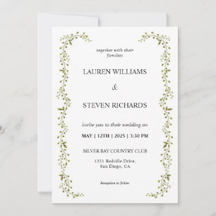 Custom White Green Leaf Border Wedding Invitation