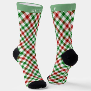 Custom White Green Red Chequered Pattern Socks
