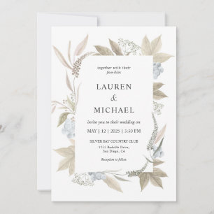 Custom White Grey Leaf Blue Berry Wedding Invitation