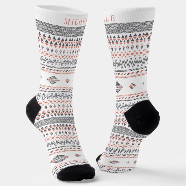 Custom White Grey Orange  Aztec Pattern Socks (Angled)
