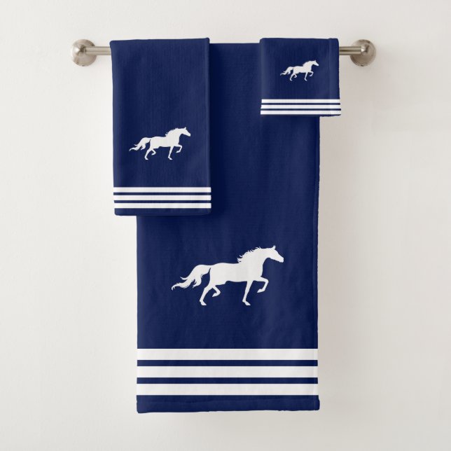 Custom White Horse & Three Stripes on Navy Blue Bath Towel Set (Insitu)