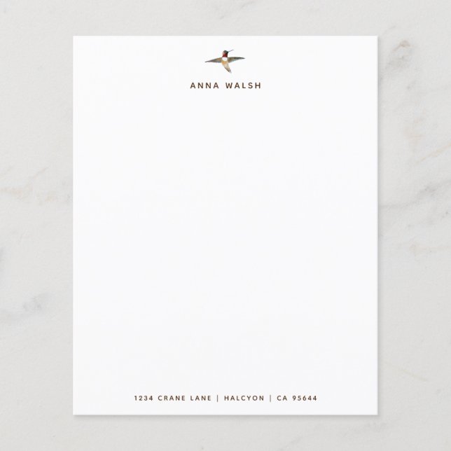 Custom White Hummingbird Stationery Paper (Front)