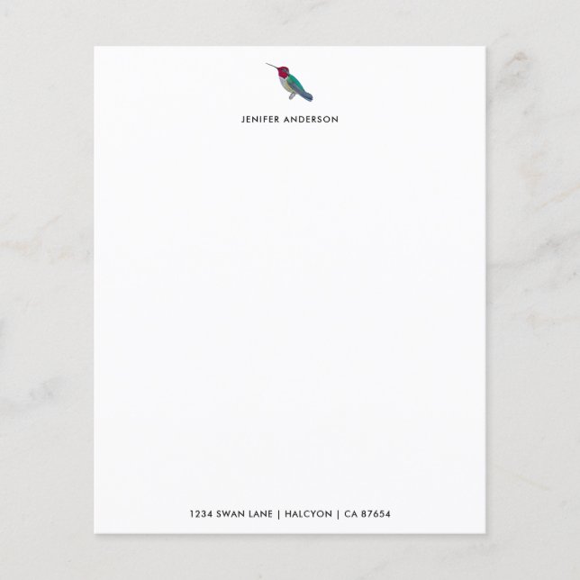 Custom White Hummingbird Stationery Paper (Front)