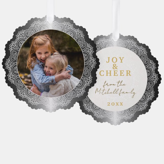 Custom White Mandala Wreath On Faux Silver Tree Decoration Card (Front/Back)