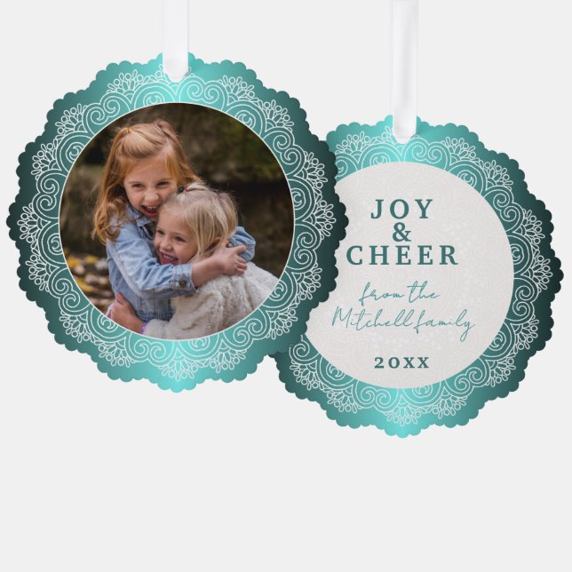 Custom White Mandala Wreath On Ocean Blue Tree Decoration Card (Front/Back)