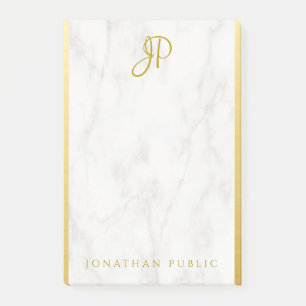 Custom White Marble Gold Script Monogram Template Post-it Notes