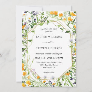 Custom White Meadow Flowers Golden Frame Wedding Invitation