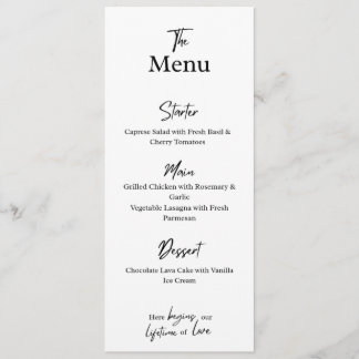 Custom White Menu Card . Wedding, Party, or Dinner