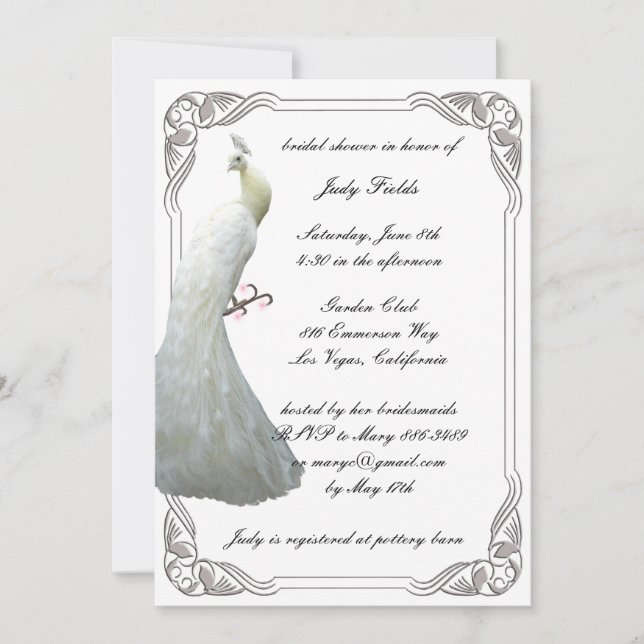 Custom White Peacock Bridal Shower Invitation (Front)