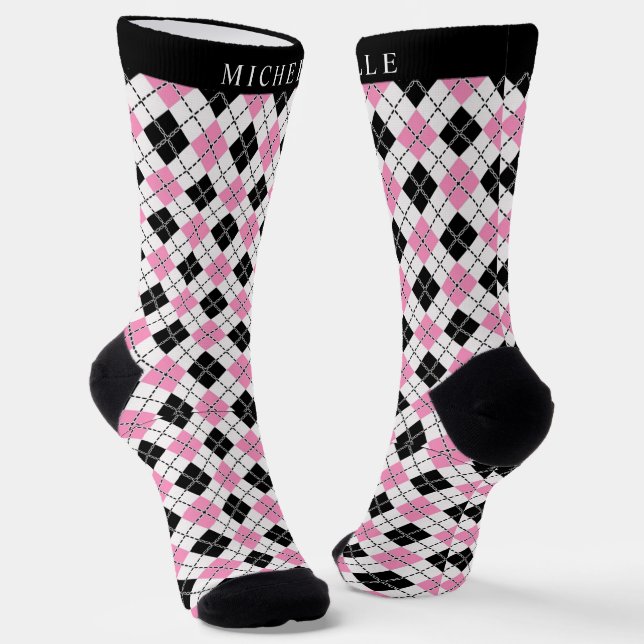 Custom White Pink Black Chequered Argyle Pattern Socks (Angled)