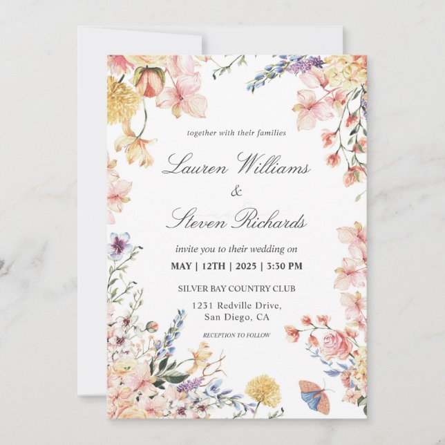Custom White Pink Blue Spring Warming Flowers  Invitation (Front)