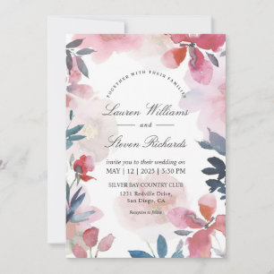 Custom White Pink Blue Transparent Flowers Wedding Invitation