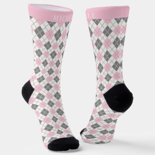 Custom White Pink Grey Chequered Argyle Pattern Socks