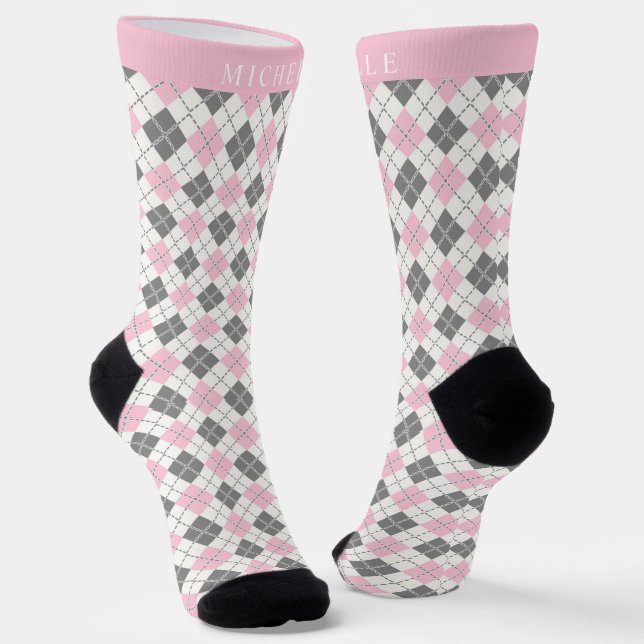 Custom White Pink Grey Chequered Argyle Pattern Socks (Angled)
