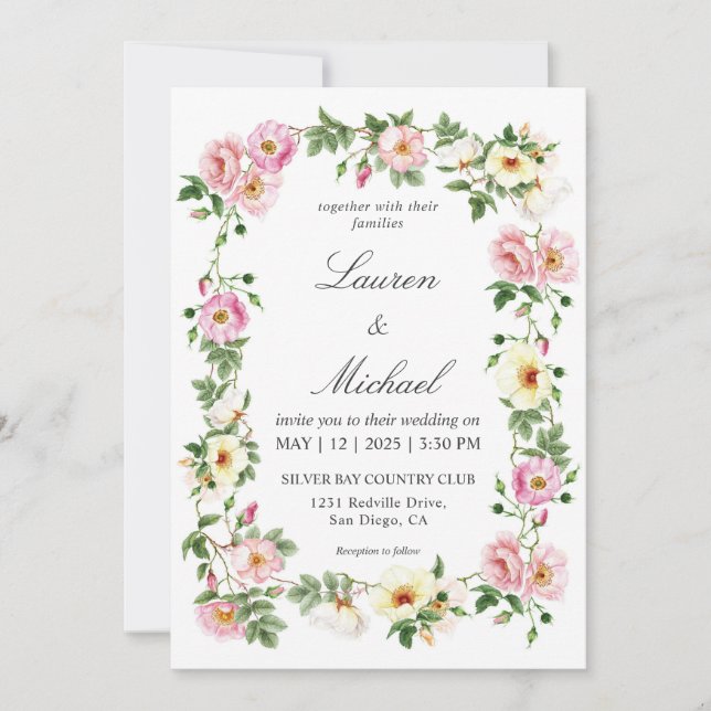 Custom White Pink Roses Watercolor Wreath Wedding Invitation (Front)