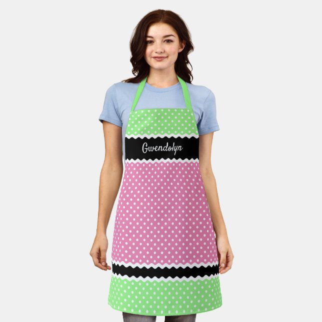 Custom White Polkadots On Neon Pink Green Black Apron (Worn)