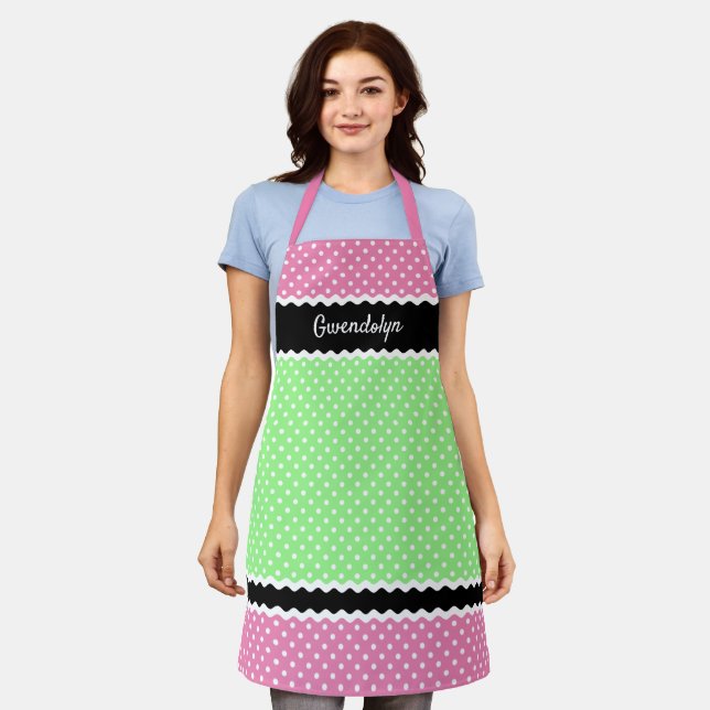 Custom White Polkadots On Neon Pink Green Black Apron (Worn)