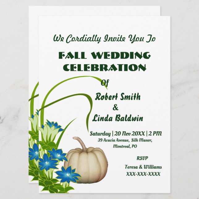 Custom White Pumpkin Fall Floral Green  Invitation (Front/Back)