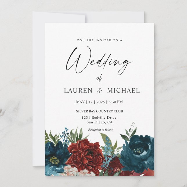 Custom White Purple Red Flowers Wedding Invitation (Front)