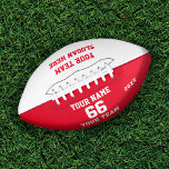 Custom white red Football with Name, Number, Team<br><div class="desc">Create your own custom white red Football with Name, Number, Team Name, Slogan and Year. Personalise this simple classic football template with your custom message, name, team name and year. Easily personalise it for a cool sport keepsake. Create your unique personalised gift for coach, boy's birthday, football player, teammates and...</div>