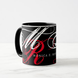 Custom White/Red Manuscript Initials on BLACK Mug