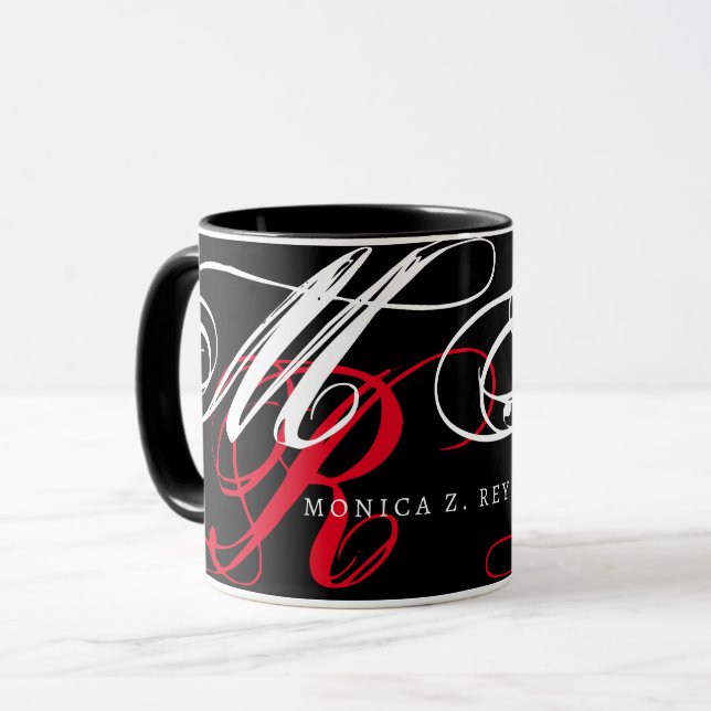 Custom White/Red Manuscript Initials on BLACK Mug (Front Left)
