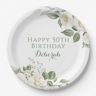 Custom White Rose Floral BIrthday Party Paper Plate