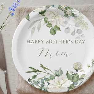 Custom White Roses Mothers Day Paper Plate