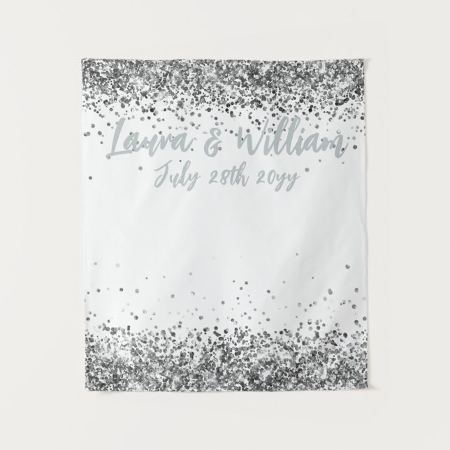 Custom White & Silver Glitter Wedding Photo Booth  Tapestry (Front)