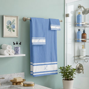 Custom white stripe bands monogram bath towel set