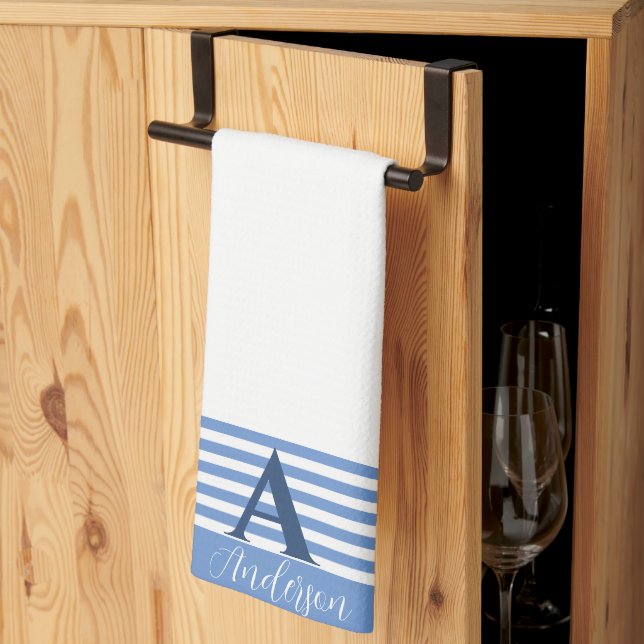 Custom white stripe bands personalised tea towel (Thirds Fold)
