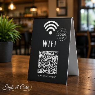Custom WiFi Black Table Sign with QR Code and Logo