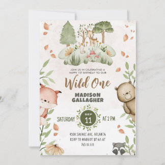 Custom Wild One Pink Green White Animals theme Invitation
