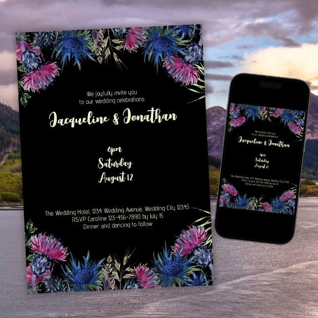 Custom Wildflower Scottish Thistles Black Wedding Invitation (Creator Uploaded)