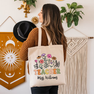 Custom Wildflower Teacher Bag, Back to School Gift Tote Bag