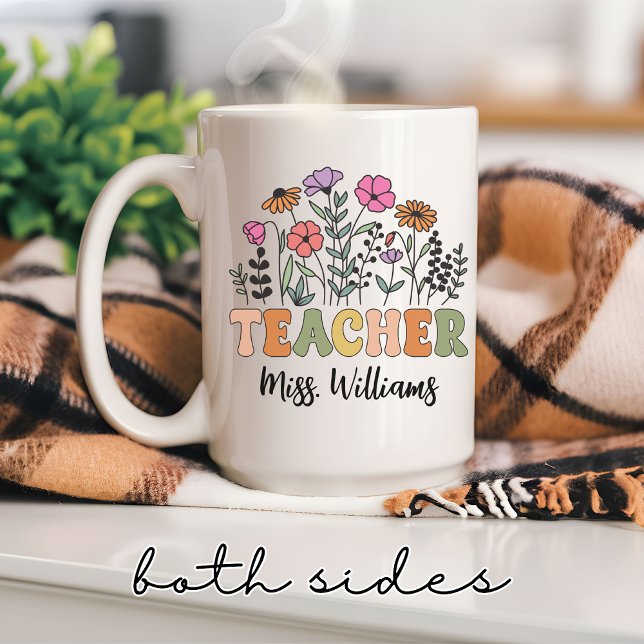 Custom Wildflower Teacher Mug, Graduation Gift Coffee Mug (personalized teacher mug, wildflower teacher gift, retro floral mug, teacher appreciation gift,)