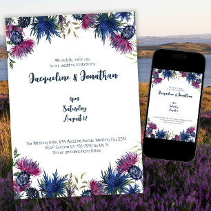 Custom Wildflower Thistles Navy Blue Wedding Invitation